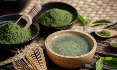 Japanese organic matcha green tea powder in bowl with wire whisk and green tea leaf on wooden background, Organic product from the nature for healthy with traditional style