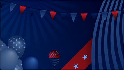 Fototapeta premium USA flag background. American flag waving in the wind vector illustration. Happy 4th of July stars balloons fireworks - Independence Day USA blue background for celebration poster template