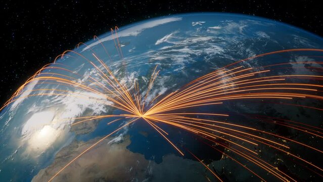 Earth in Space. Orange Lines connect Rome, Italy with Cities across the World. Worldwide Travel or Business Concept.