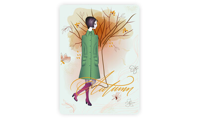 Hand drawn cute autumn girl.Beautiful young woman in 70s fashion stylish clothes. Character in flat style for autumn design, decor, postcards, posters and print