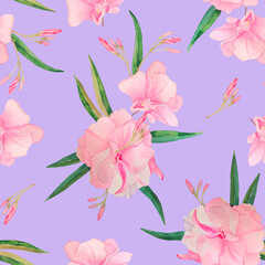 Delicate pink tropical oleander flowers seamless pattern. Exotic flowering shrub summer endless background. For fabric and wedding design. Feminine elegant hand-drawn print.
