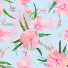 Delicate pink tropical oleander flowers seamless pattern. Exotic flowering shrub summer endless background. For fabric and wedding design. Feminine elegant hand-drawn print.	