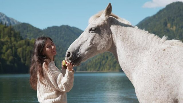 Mysterious asian woman tourist with animal horses wild white sunset running rider cowboy water Amazing view turquoise water high mountain lake Braies mountains. Casual boho style clothing back view
