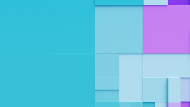 Abstract background formed from interlocking Purple and Turquoise Shapes. Tech 3D Render with copy-space. 