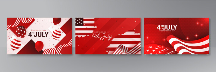 USA flag background. American flag waving in the wind vector illustration. Happy 4th of July stars balloons fireworks - Independence Day USA red background for celebration poster template