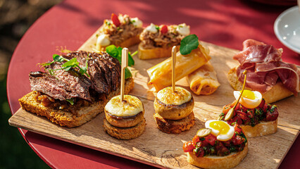 Wooden serving board of assorted gourmet bruschettas