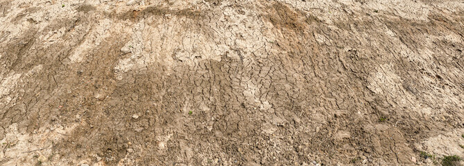cracked ground texture of brown soil. clay background with cracks. panoramic image.