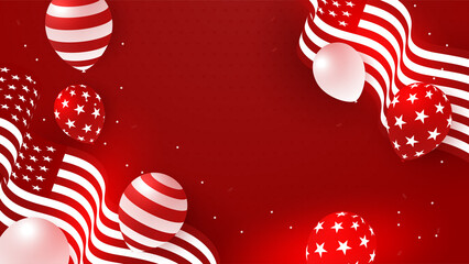 USA flag background. American flag waving in the wind vector illustration. Happy 4th of July stars balloons fireworks - Independence Day USA red background for celebration poster template
