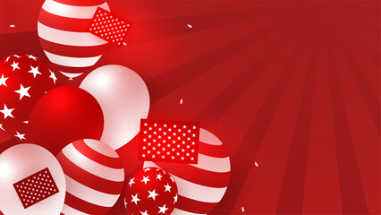 Obraz premium USA flag background. American flag waving in the wind vector illustration. Happy 4th of July stars balloons fireworks - Independence Day USA red background for celebration poster template
