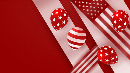 Fototapeta premium USA flag background. American flag waving in the wind vector illustration. Happy 4th of July stars balloons fireworks - Independence Day USA red background for celebration poster template