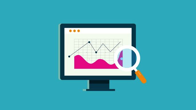Business graph, financial report, data research and analytics, investment and market growth arrow on computer screen with magnifying glass, 2d animation 4k video clip.