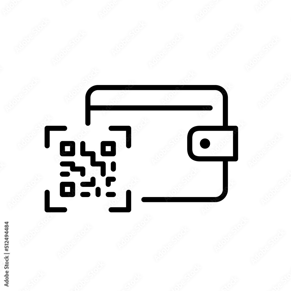 Poster qr code scanning with a wallet as a form of contactless payment. pixel perfect, editable stroke line
