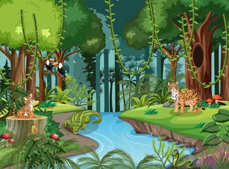 Wild animals cartoon characters in the forest scene © blueringmedia