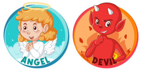 Devil and angel cartoon character on white background