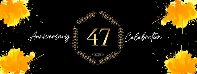 47 years anniversary logotype. Poster design for the ceremony, birthday party, wedding and etc. Ink splashes with gold floral frame and elegant golden color isolated on black background. 