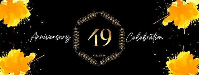 49 years anniversary logotype. Poster design for the ceremony, birthday party, wedding and etc. Ink splashes with gold floral frame and elegant golden color isolated on black background. 