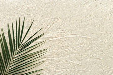 Summer minimal background, top view natural green palm leaf on fine sand. Summer aesthetic ...
