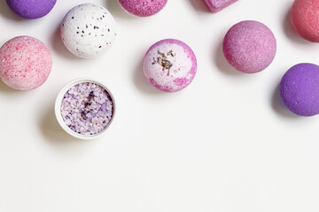 Set of bath bomb with natural ingredients and sea salt with lavender essential oils on white...