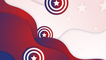 USA flag background. American flag waving in the wind vector illustration. Happy 4th of July stars balloons fireworks - Independence Day USA blue red background for celebration poster template