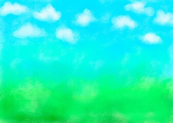 パステル風で空と雲に緑の草原イメージの背景素材