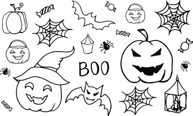 Halloween. Halloween doodle. Set of ink drawings for the holiday. The day of the Dead. Pumpkin. Spider. Darkness. Textile print. Element for a postcard. October.