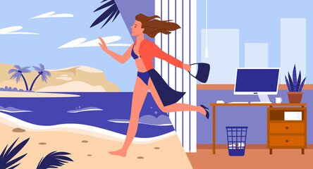 Obraz na płótnie Canvas Businesswoman leaving office desk and computer to enjoy vacation on tropical sea beach vector illustration. Cartoon happy woman running in hurry to rest background. Summer holiday, job concept