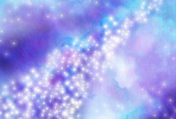 イラスト素材：七夕の天の川　手描きの水彩絵の具のにじみ背景　横位置/星空/水色×紫色×白色
