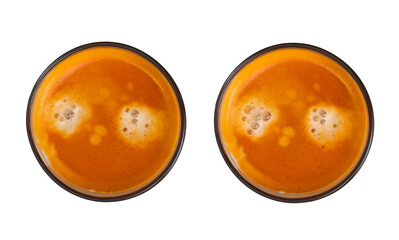 Closeup glass of Thai tea isolated on a white background with clipping path. Top view collection set