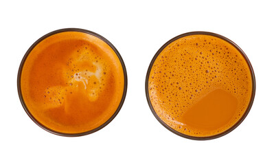 Closeup glass of Thai tea isolated on a white background with clipping path. Top view collection set