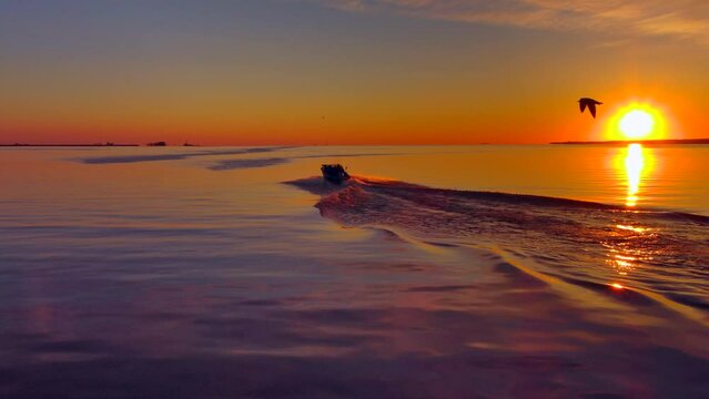 Fishing boat speeding out at sunrise, in summer, scenic aerial view.
