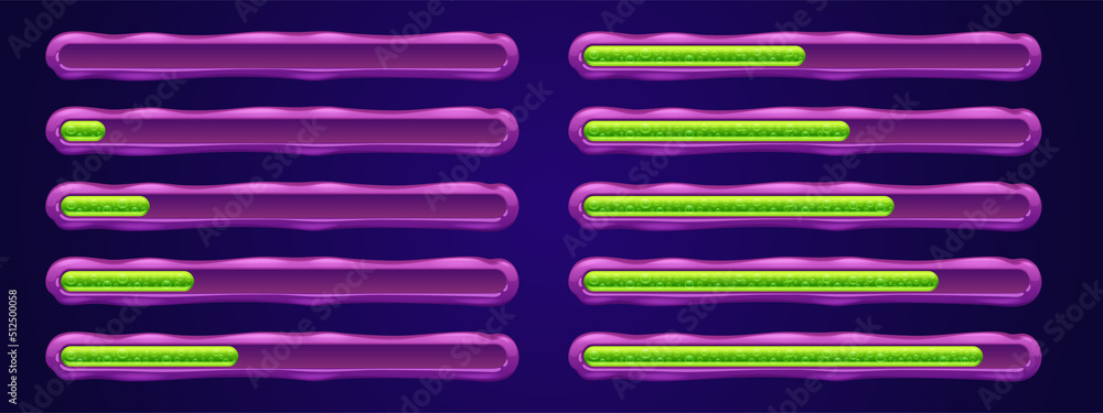 Poster game ui loading progress bars vector set, cartoon interface gui design elements. status and resource
