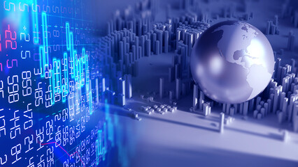 stacks of Bitcoins  crypto currency and money on red financial graph 3dillustration .