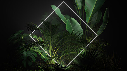 White Neon Light with Tropical Plants. Diamond shaped Fluorescent Frame in Rainforest Environment.