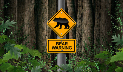 Bear warning in the woods signage or camping danger sign as a scary predator as a risk for Bears in the wild - obrazy, fototapety, plakaty
