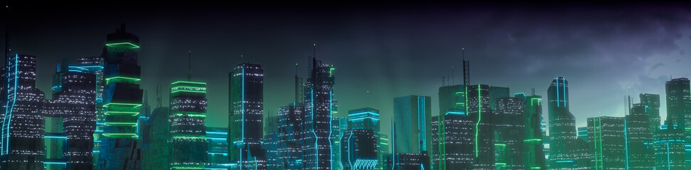 Sci-fi City Skyline with Green and Blue Neon lights. Night scene with Futuristic Skyscrapers.