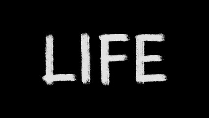 White letters of the word Life. Black background. Design element. The color of the sun. Poster.