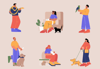 People with pets, male and female characters spend time with their home animals isolated set. Men and women playing with dogs, cats, snake, rabbit and parrot, Line art flat vector illustration
