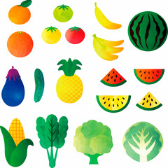 アイコン　水彩　夏　野菜　果物　フルーツ　ベクター　手描き　アナログ　かわいい　イラスト素材セット