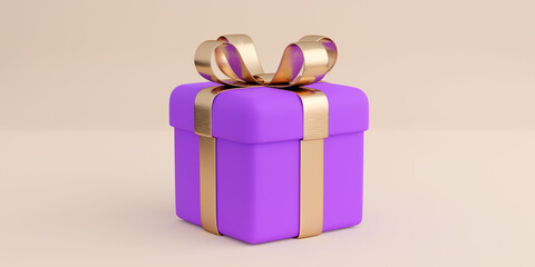 Realistic violet gift box with golden ribbon bow. Concept of abstract holiday, birthday or wedding present or surprise. 3d high quality isolated render