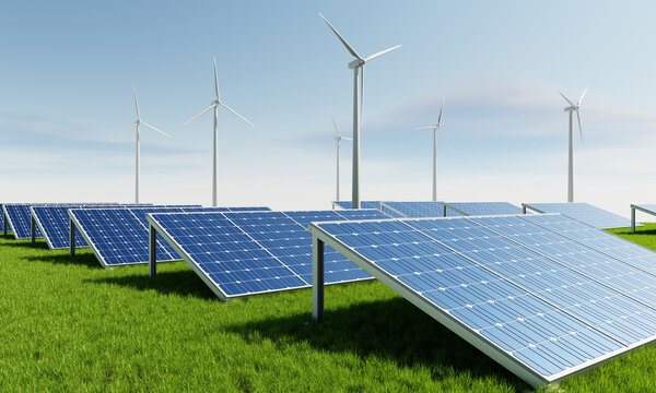 Solar panels with wind turbines for producing electric power supply with sky landscape background. Industry and renewable eco friendly power concept. 3D illustration rendering
