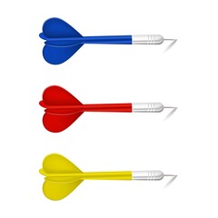 Darts isolated on white background. Set of three blue, red and yellow color darts. 3D vector illustration
