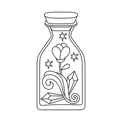 Magic bottle, crystals and flower. Hand-drawn esoteric symbols. For shops, mystical templates for cards, flyers, posters, stickers.