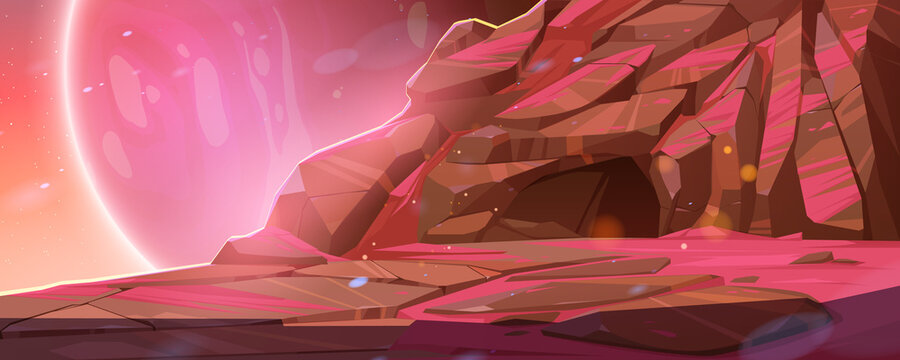 Alien planet landscape, game background. Cave in rock with red surface. Fantasy mountain with hidden cavern and plasmic shining sky. Martian extraterrestrial backdrop, Cartoon vector illustration
