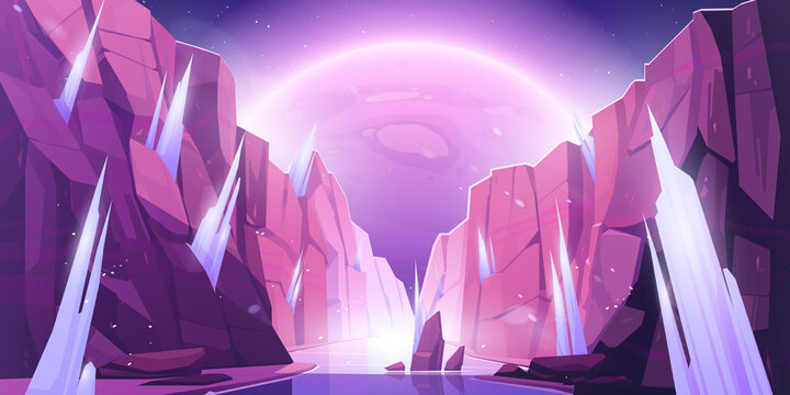 Alien planet landscape, space view from frozen canyon with ice stalagmites and rocks. Cosmic background with glowing sphere in dark starry sky. Fantastic world in cosmos, Cartoon vector illustration