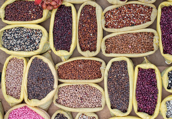 Legumes bean seed in sack, top view