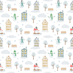 Watercolor Christmas pattern with winter houses, trees, snowmen and other christmas elements isolated on white background.