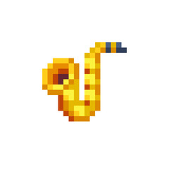 Saxophone musical instrument pixel art web icon. Design for logo game, sticker, web, mobile app, badges and patches. Isolated vector illustration.