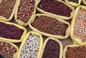 Legumes bean seed in sack, top view