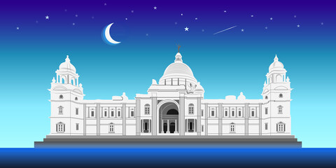 Victoria Memorial vector with moonlight background. Kolkata fort, West Bengal.