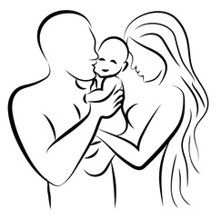 Illustration of young man and woman holding their child, cuddling, hugging, and kissing. vector of caring and love for children from young couples or parents. Parents love and happy family concept